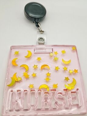 Handmade Pink Resin Nurse Badge Reel Celestial Stars Moon ID Holder
